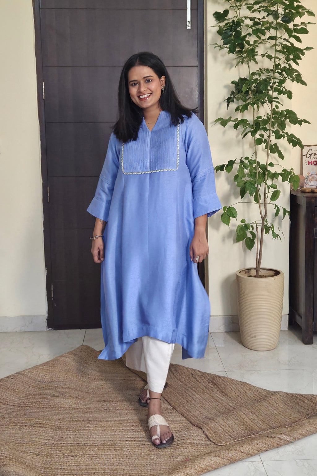 Manjari Light Blue Pintuck Dola Silk Kurta Set