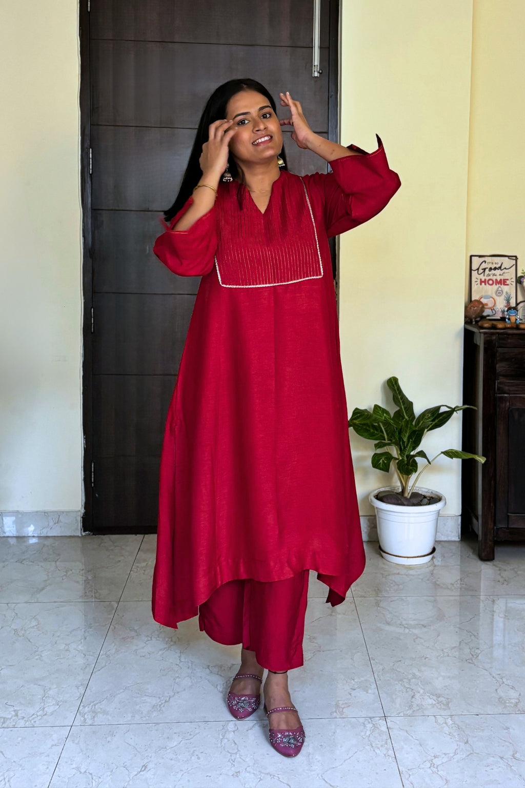 Urmi Red Pintuck Dola Silk Kurta Set