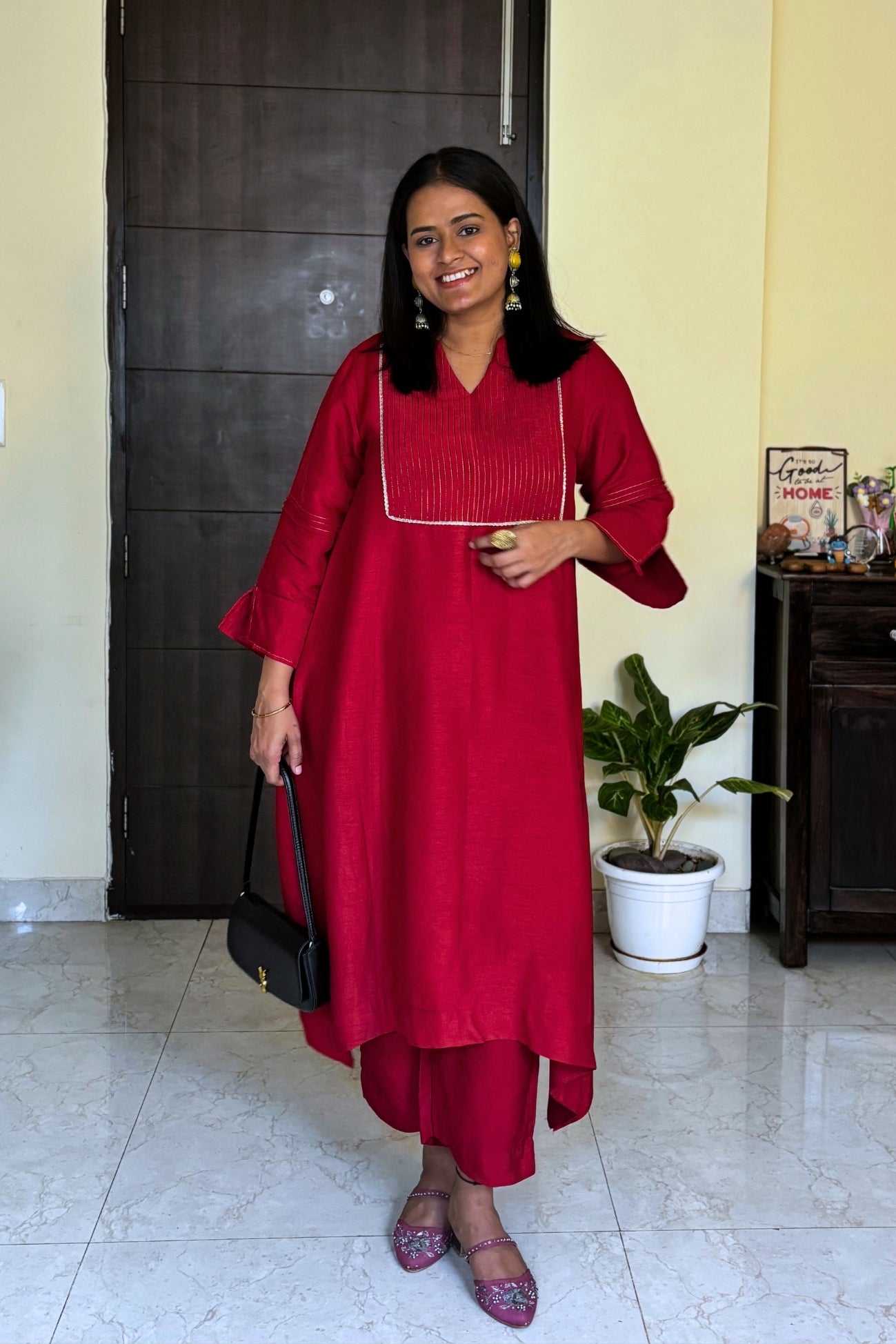 Urmi Red Pintuck Dola Silk Kurta Set