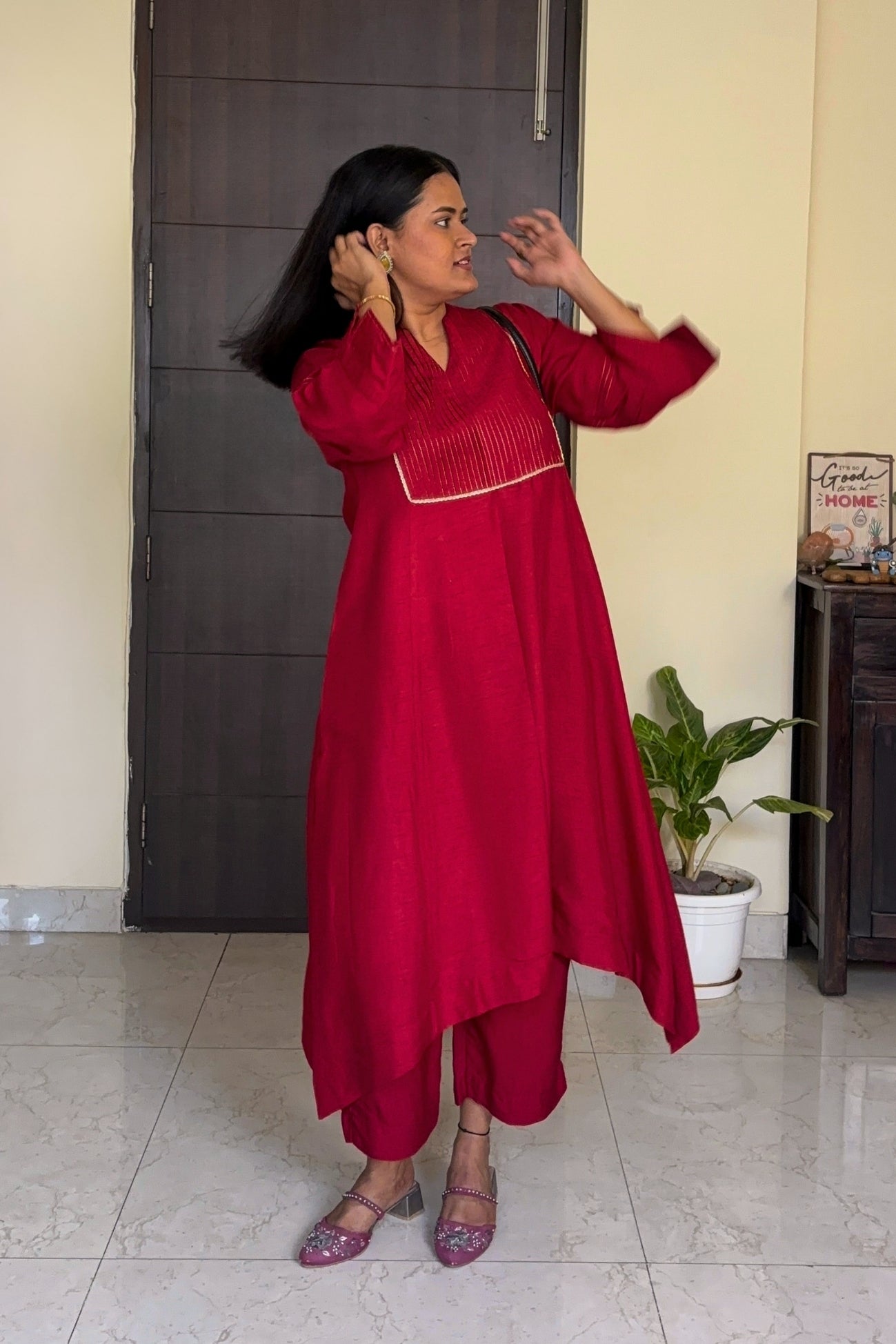 Urmi Red Pintuck Dola Silk Kurta Set