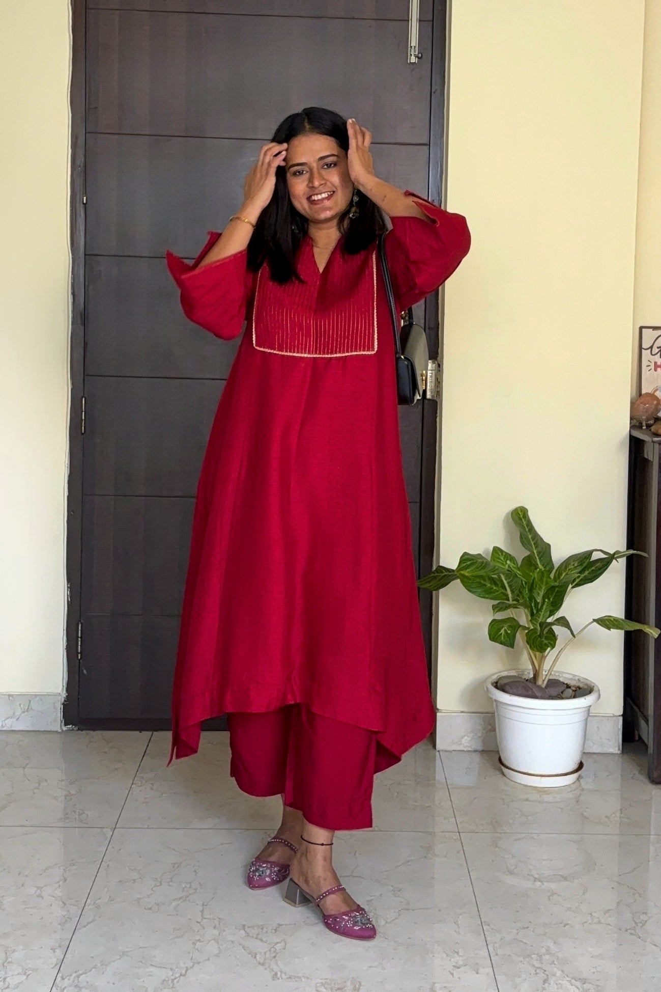 Urmi Red Pintuck Dola Silk Kurta Set