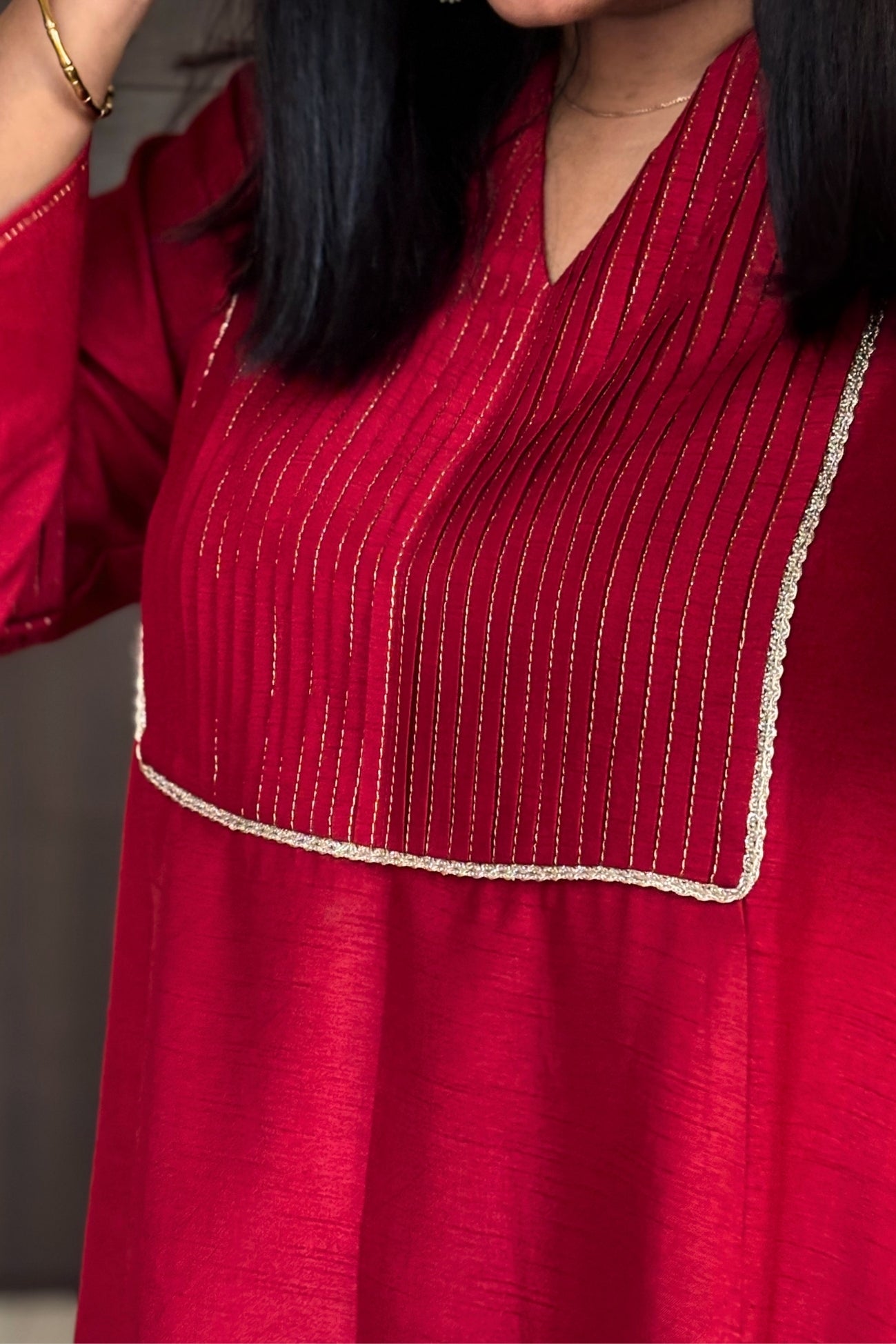 Urmi Red Pintuck Dola Silk Kurta Set