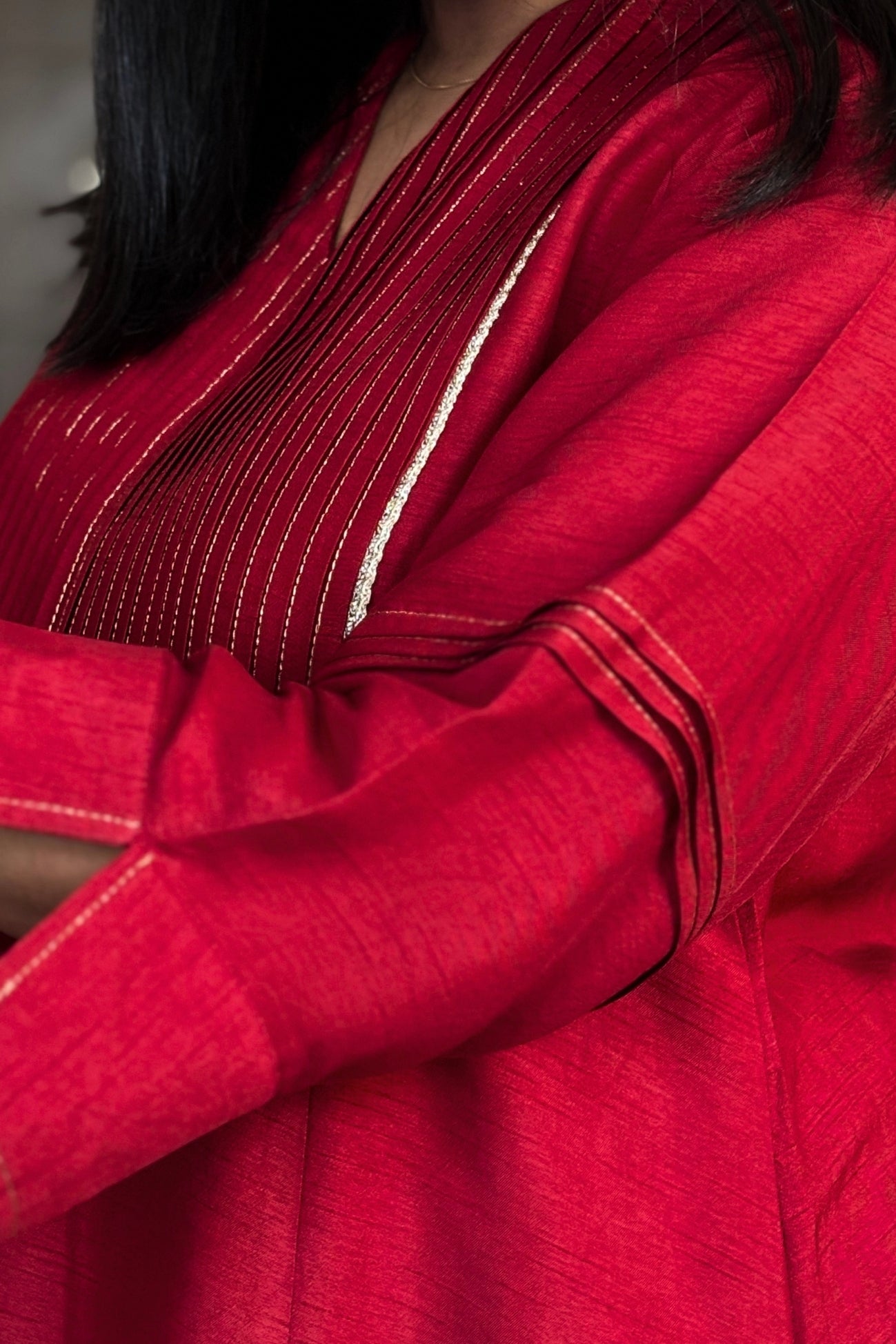 Urmi Red Pintuck Dola Silk Kurta Set
