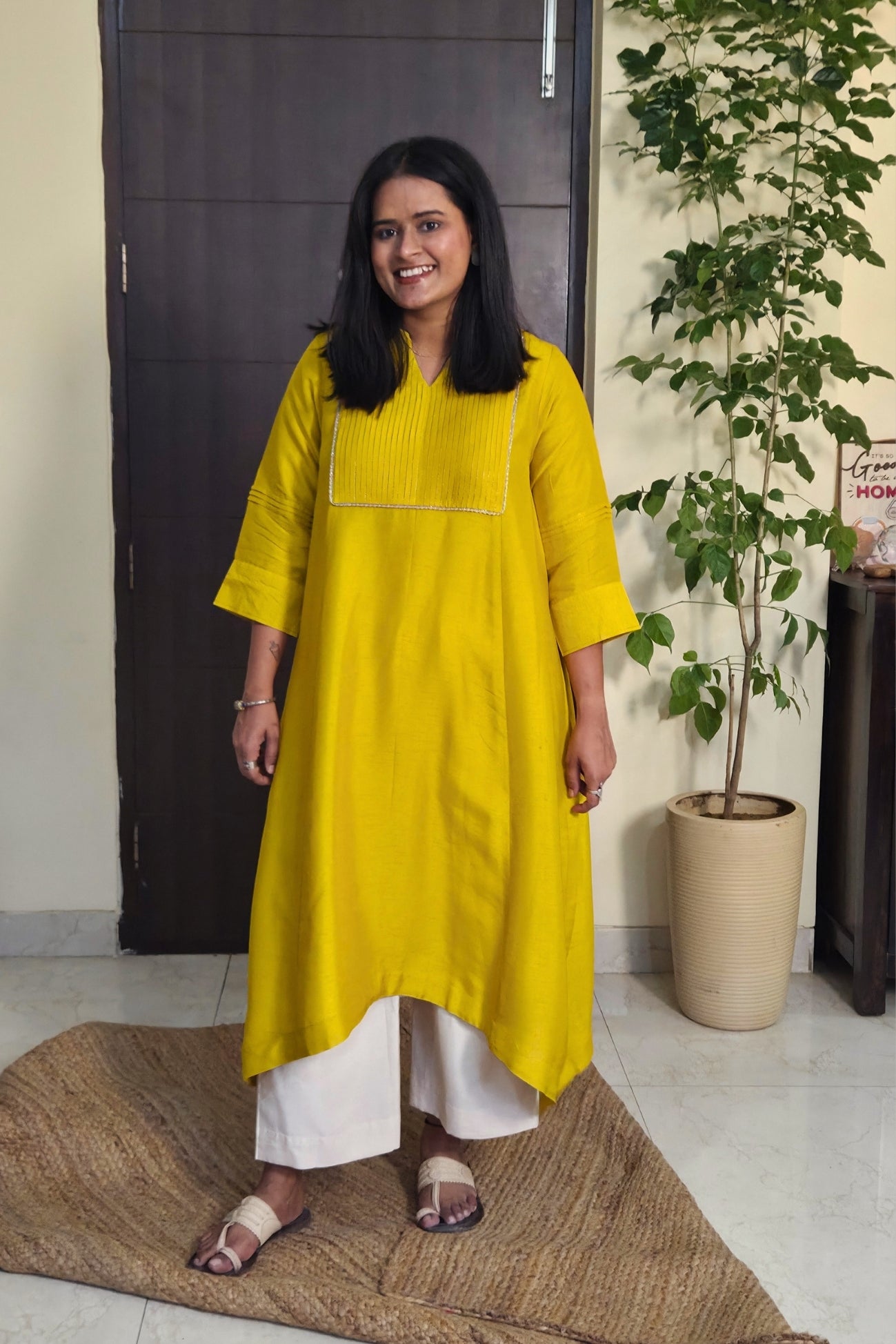 Reva Yellow Pintuck Dola Silk Kurta Set