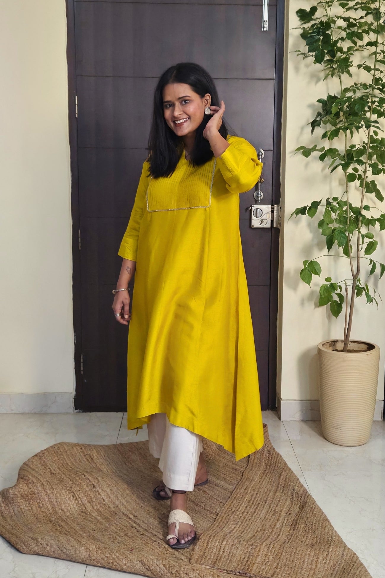 Reva Yellow Pintuck Dola Silk Kurta Set