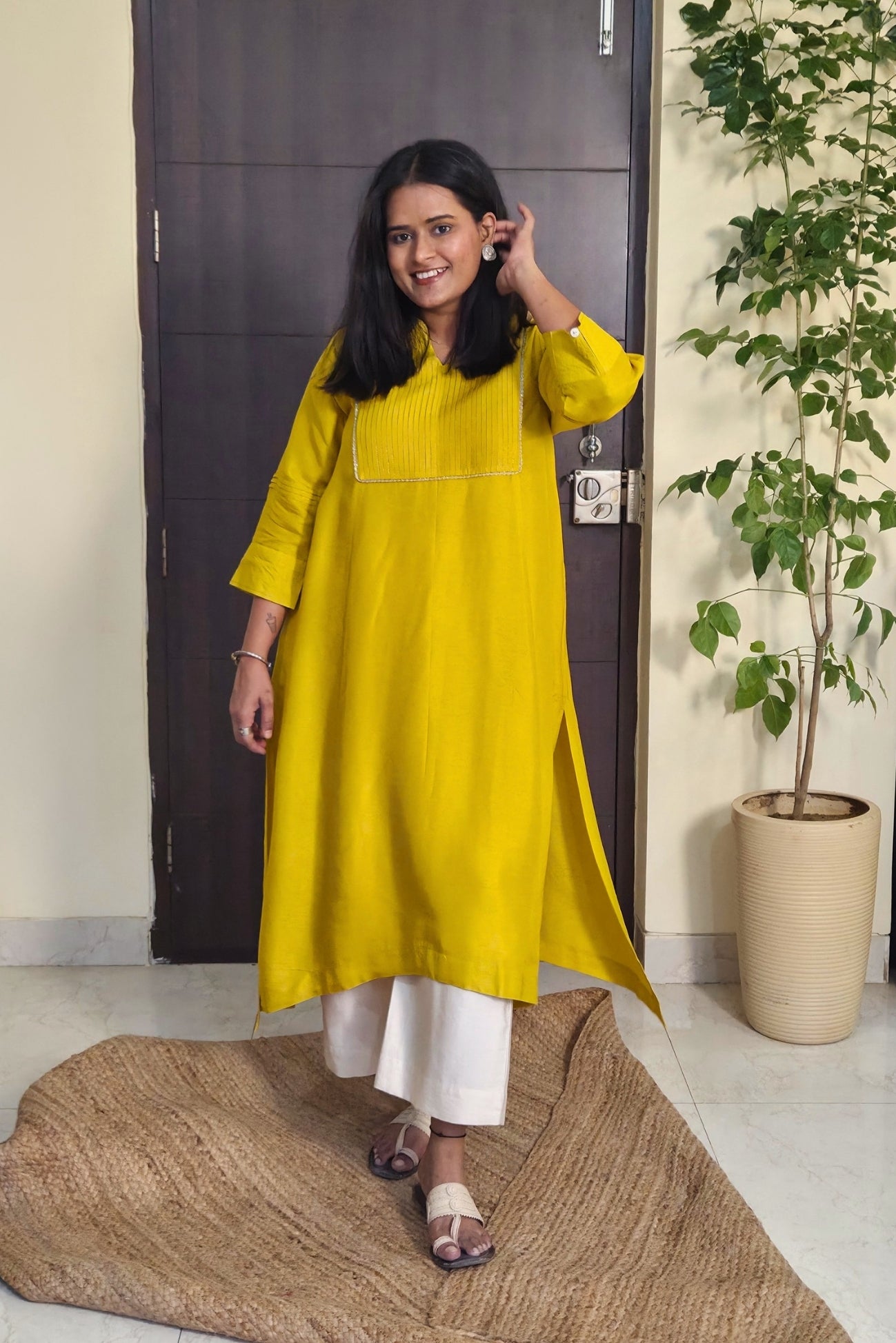 Reva Yellow Pintuck Dola Silk Kurta Set