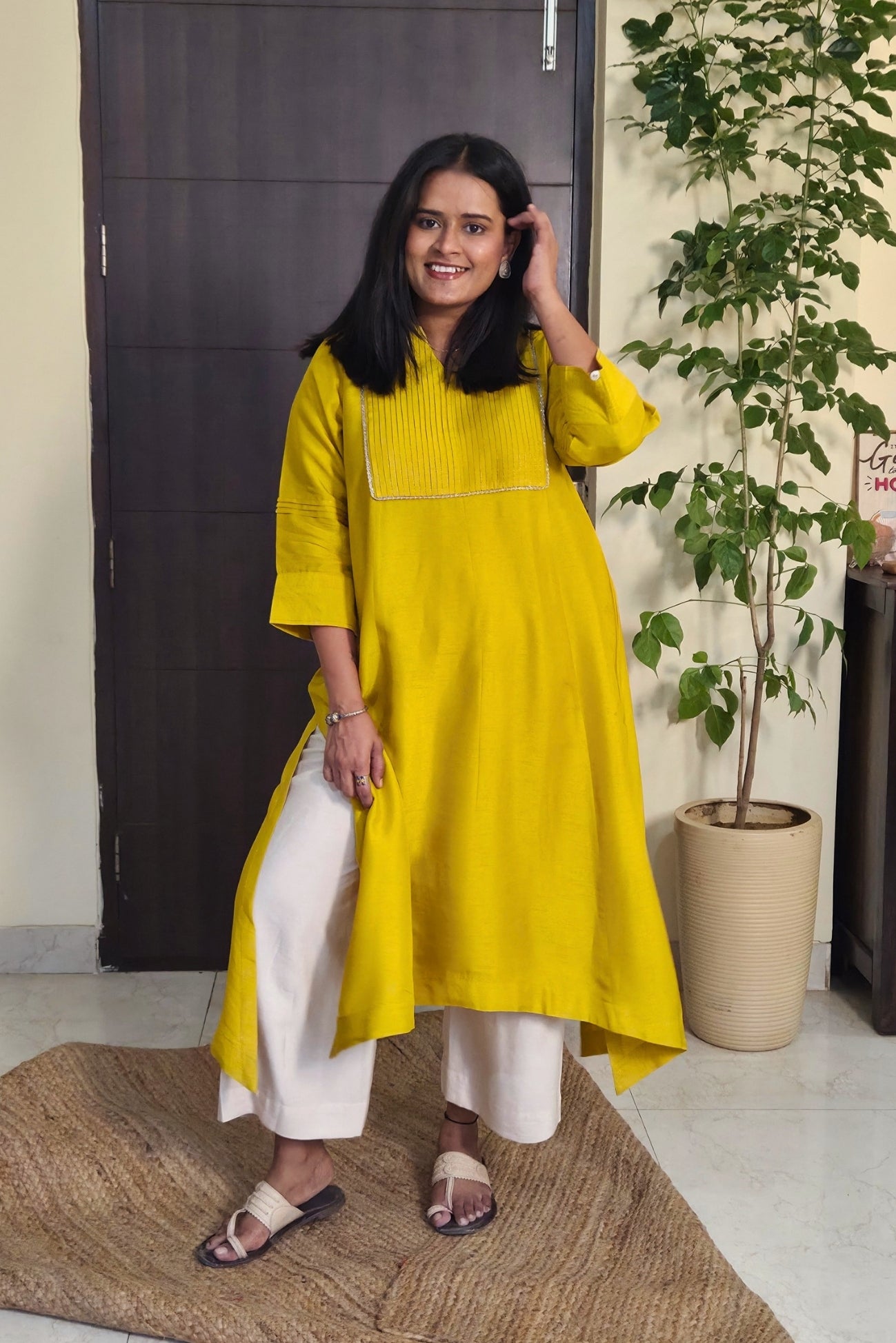 Reva Yellow Pintuck Dola Silk Kurta Set