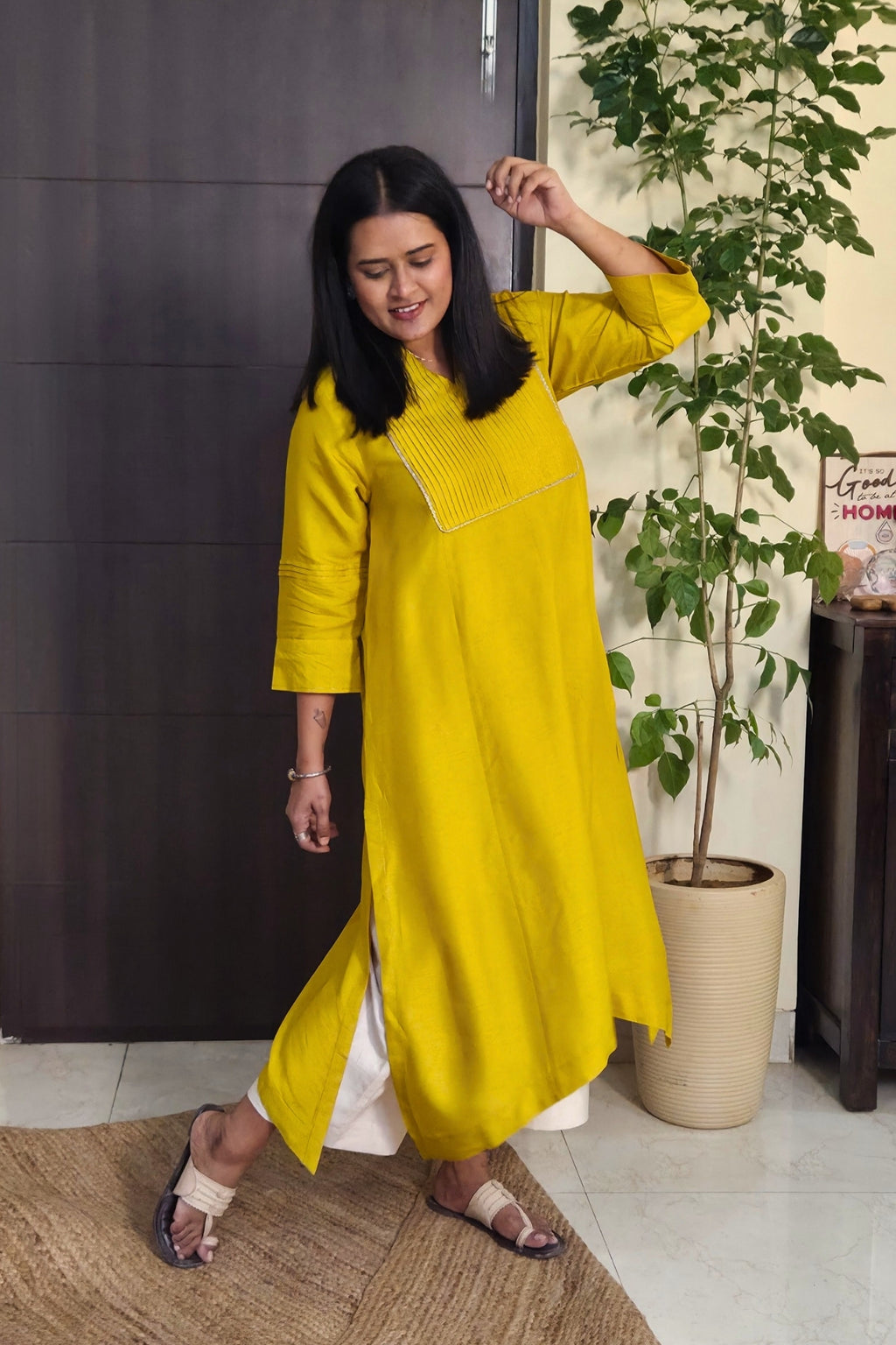 Reva Yellow Pintuck Dola Silk Kurta Set