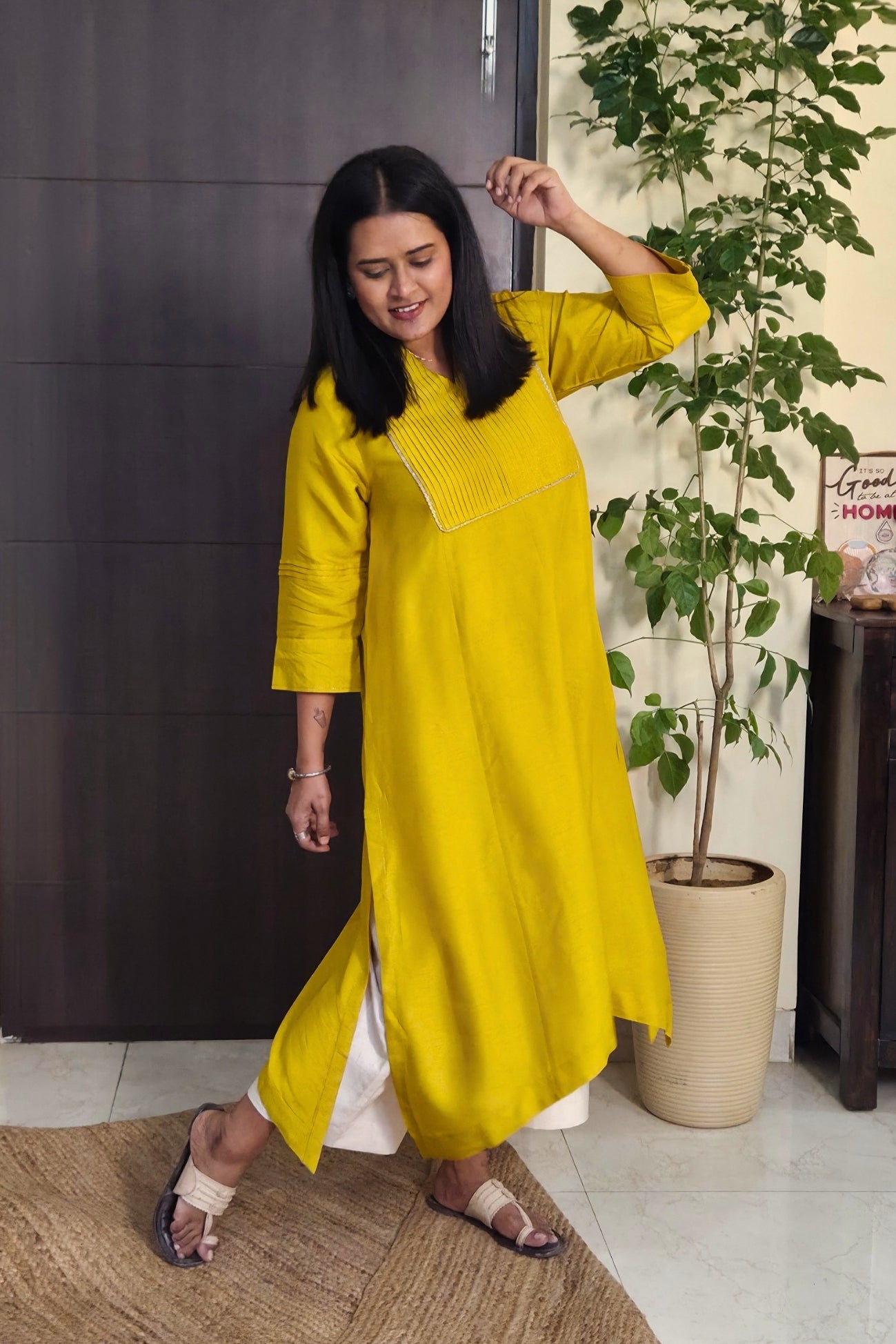 Reva Yellow Pintuck Dola Silk Kurta Set