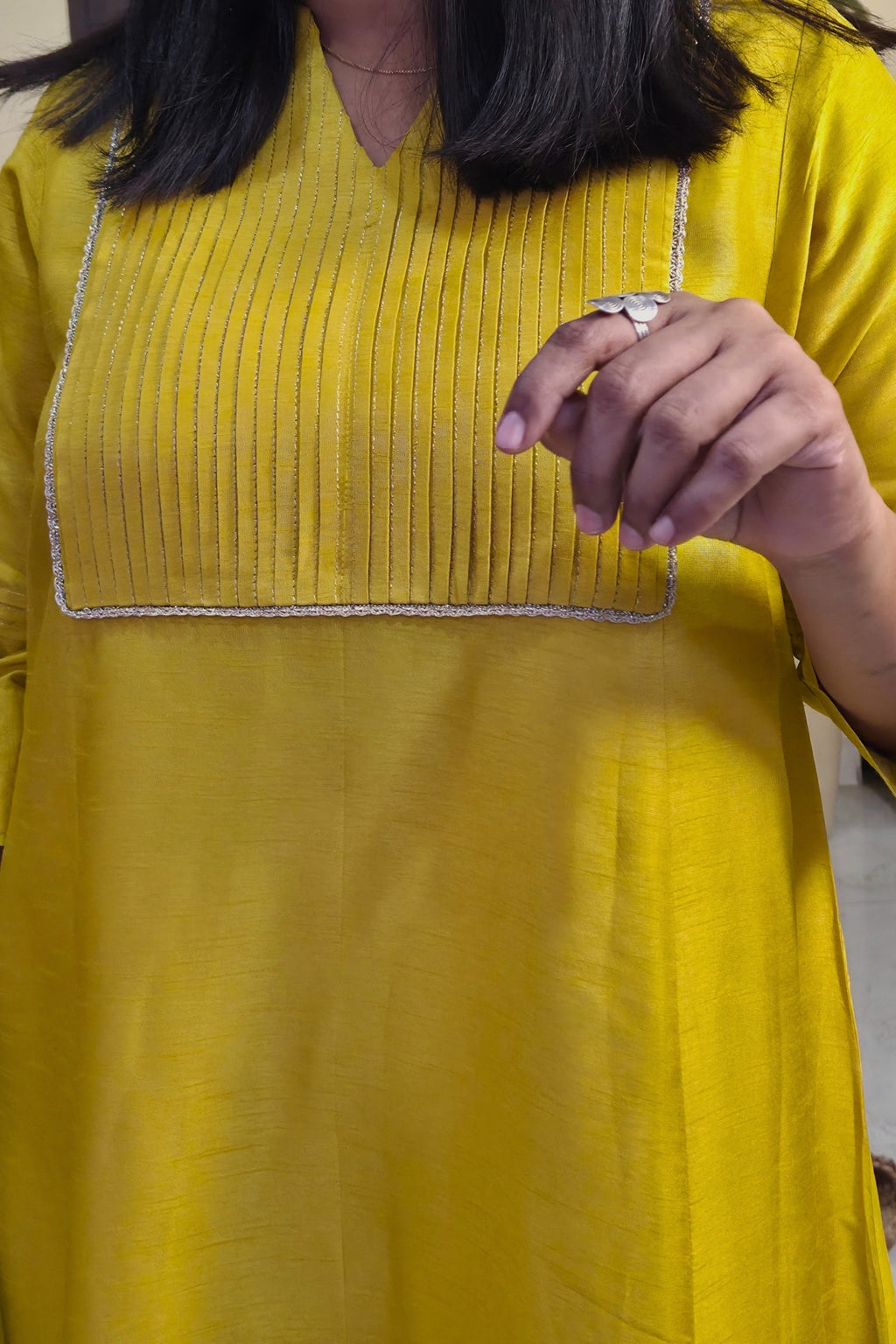 Reva Yellow Pintuck Dola Silk Kurta Set