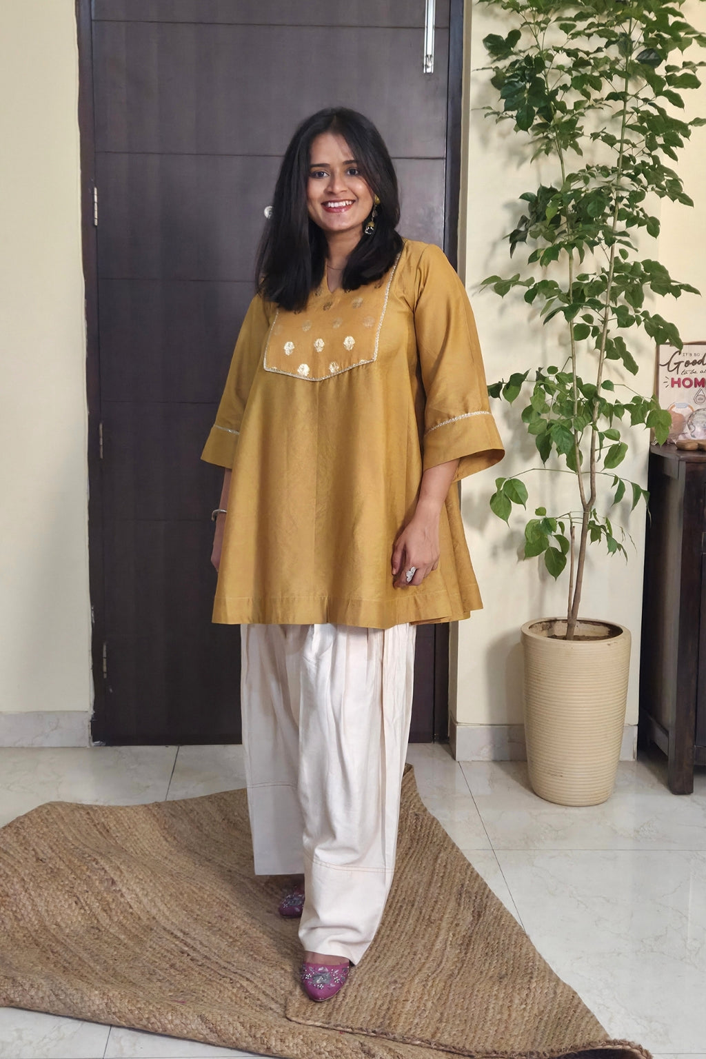 Vaidehi Ecru Mustard Chanderi Kali Kurta Farsi Salwar Set