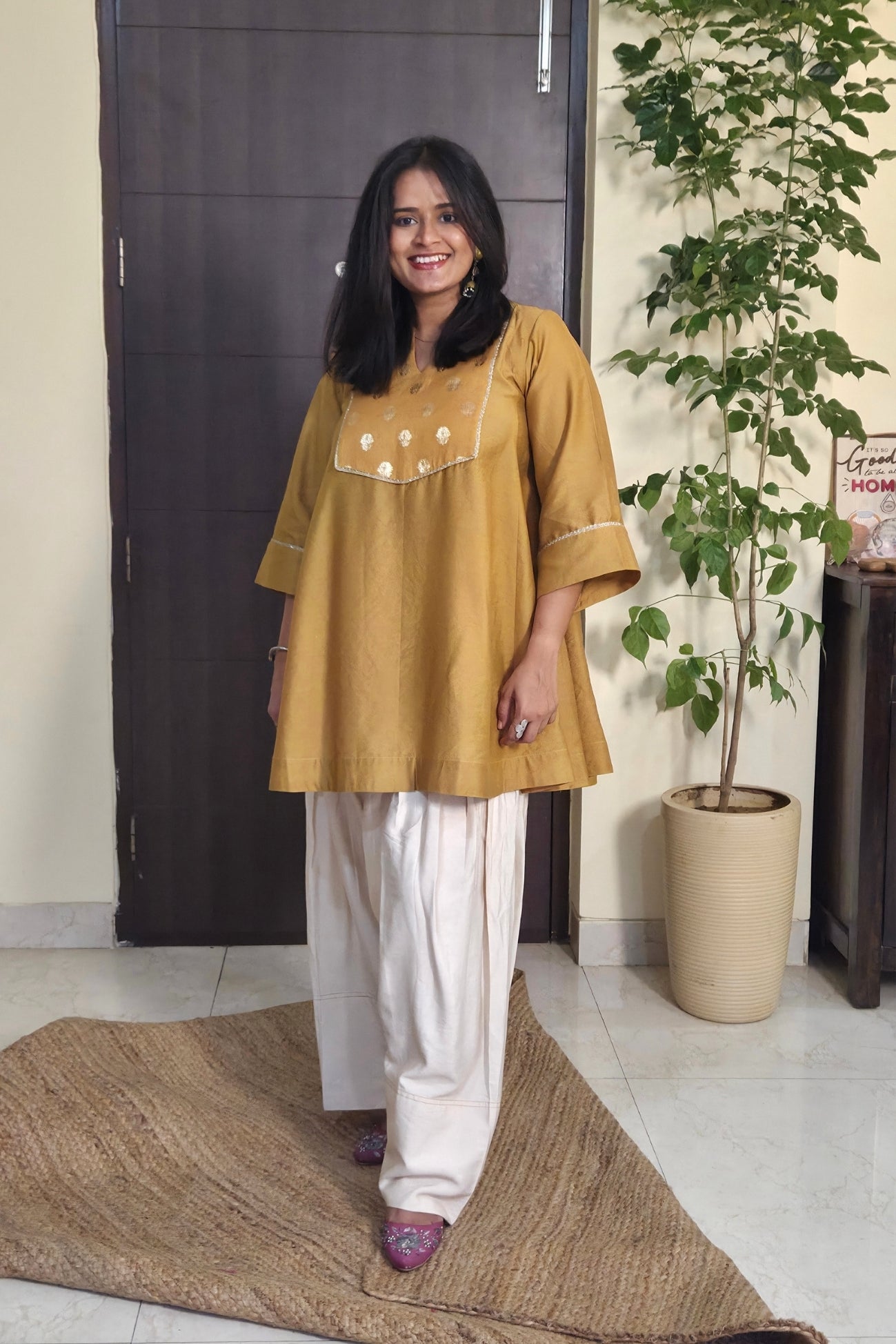 Vaidehi Ecru Mustard Chanderi Kali Kurta Farsi Salwar Set