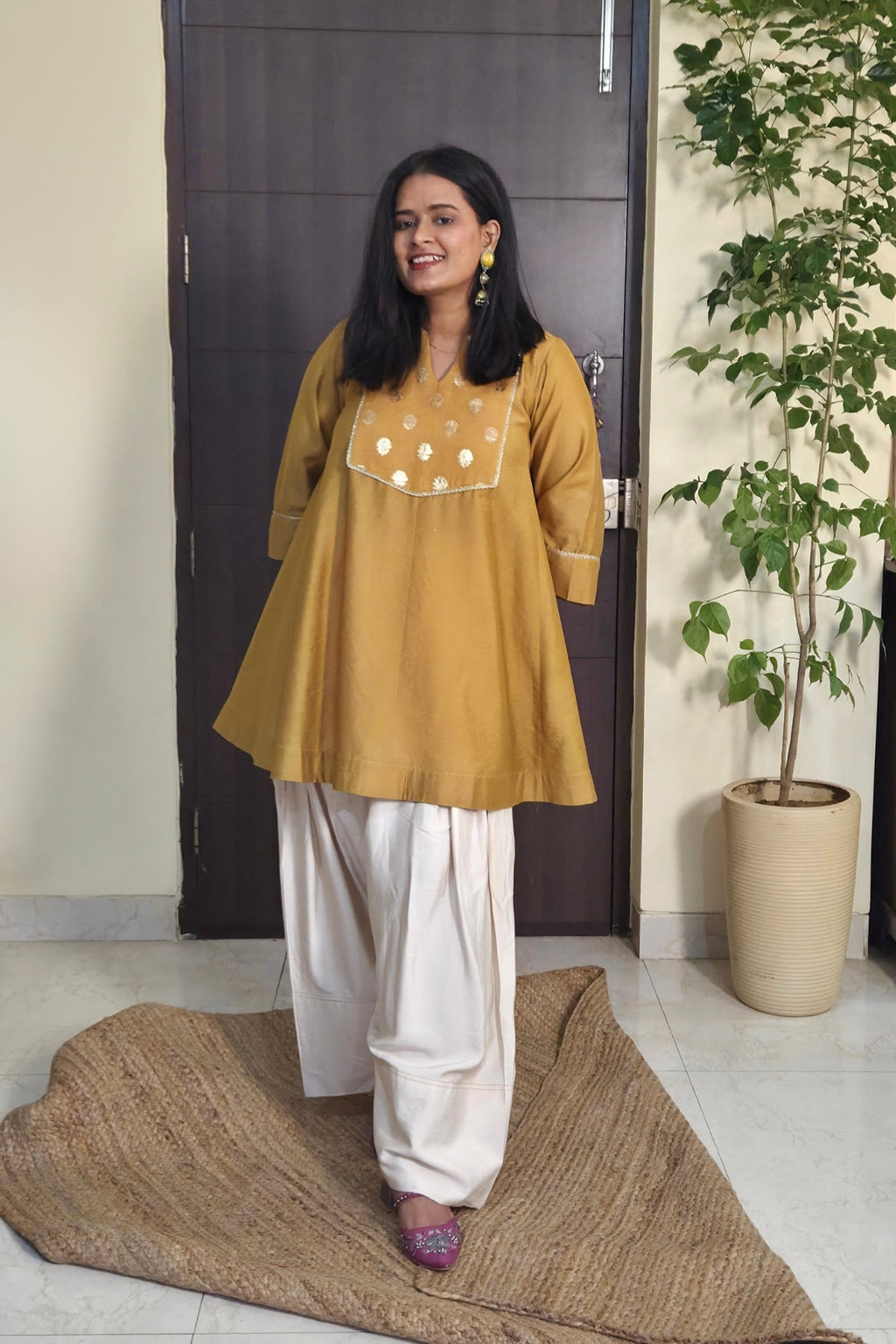 Vaidehi Ecru Mustard Chanderi Kali Kurta Farsi Salwar Set