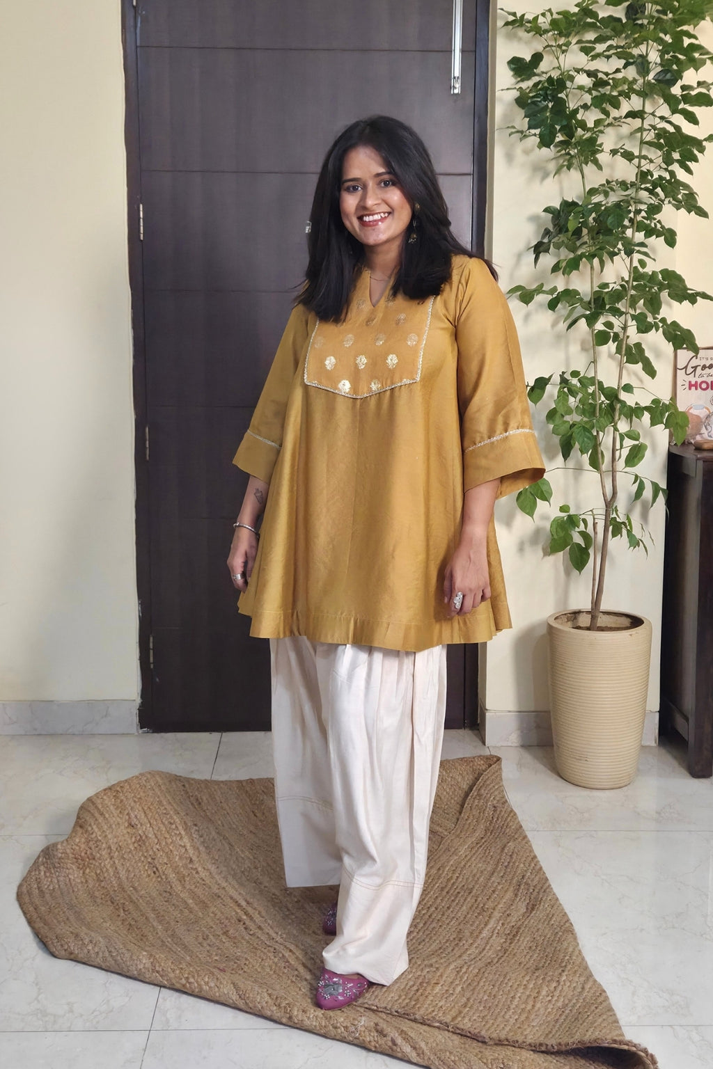 Vaidehi Ecru Mustard Chanderi Kali Kurta Farsi Salwar Set