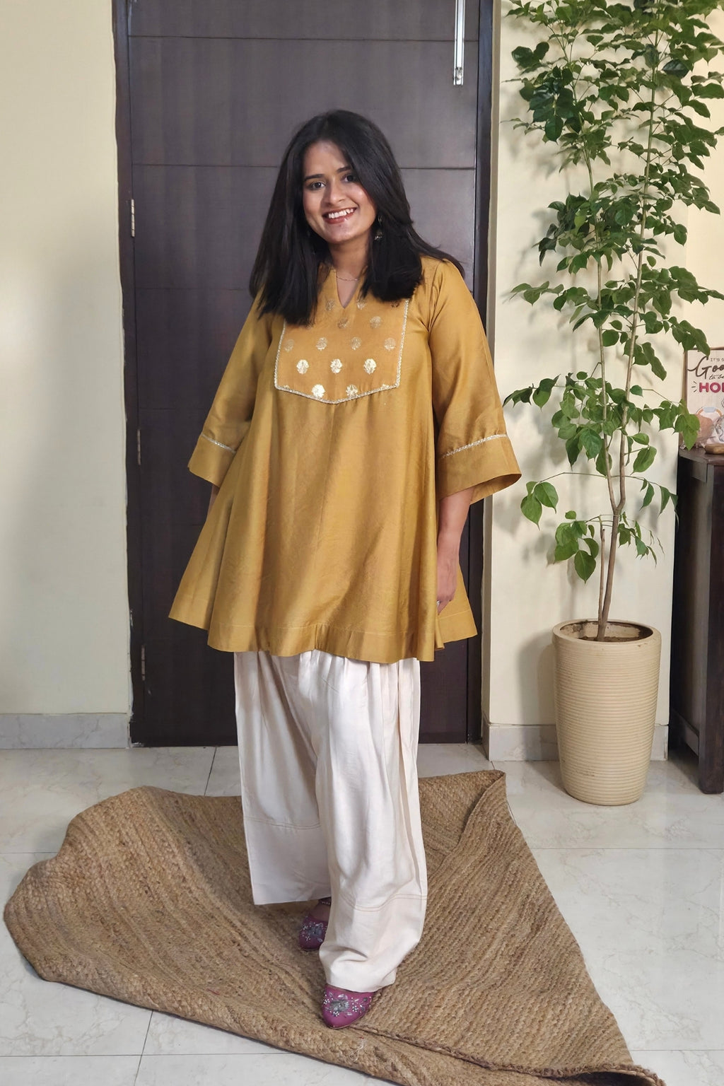 Vaidehi Ecru Mustard Chanderi Kali Kurta Farsi Salwar Set