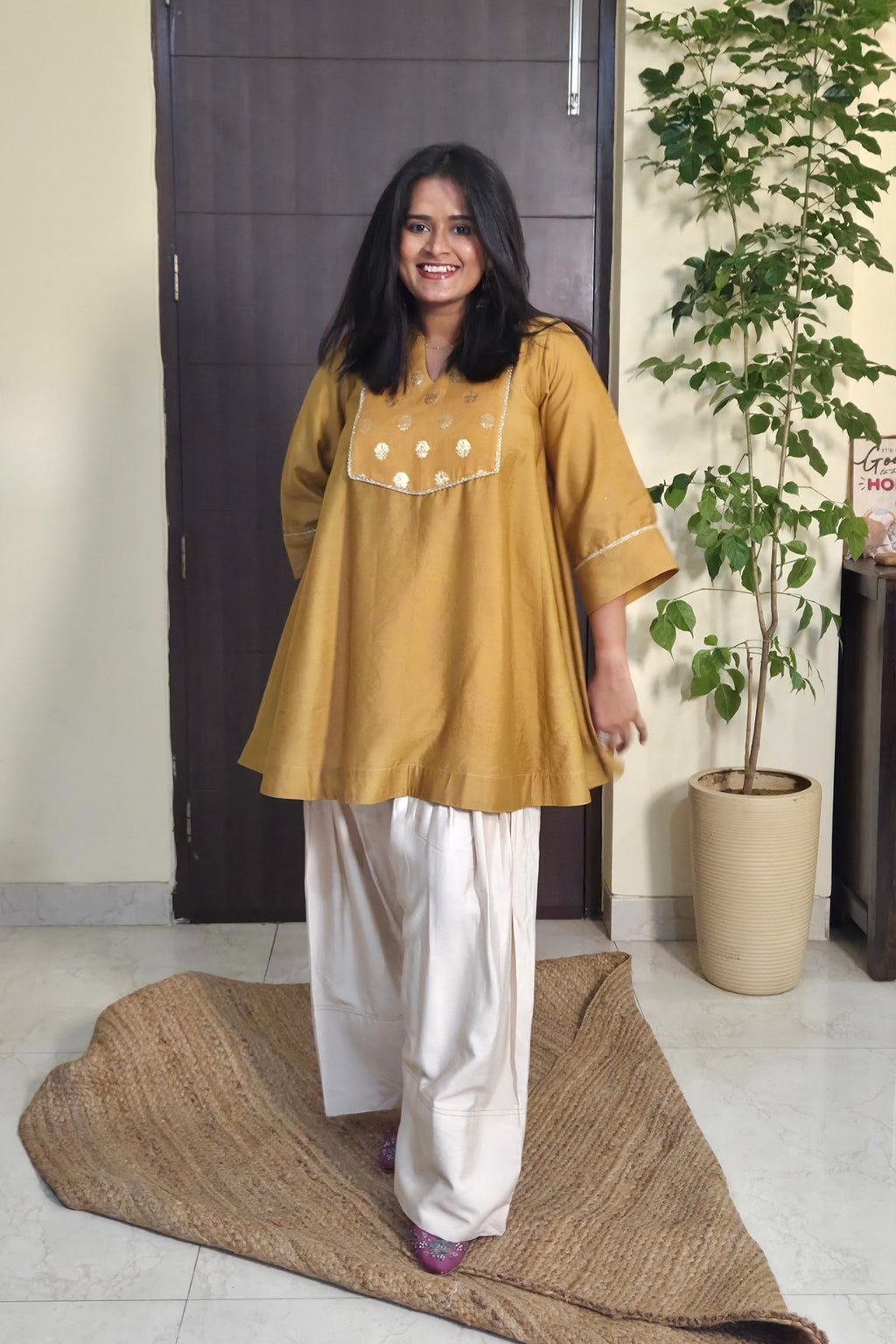 Vaidehi Ecru Mustard Chanderi Kali Kurta Farsi Salwar Set