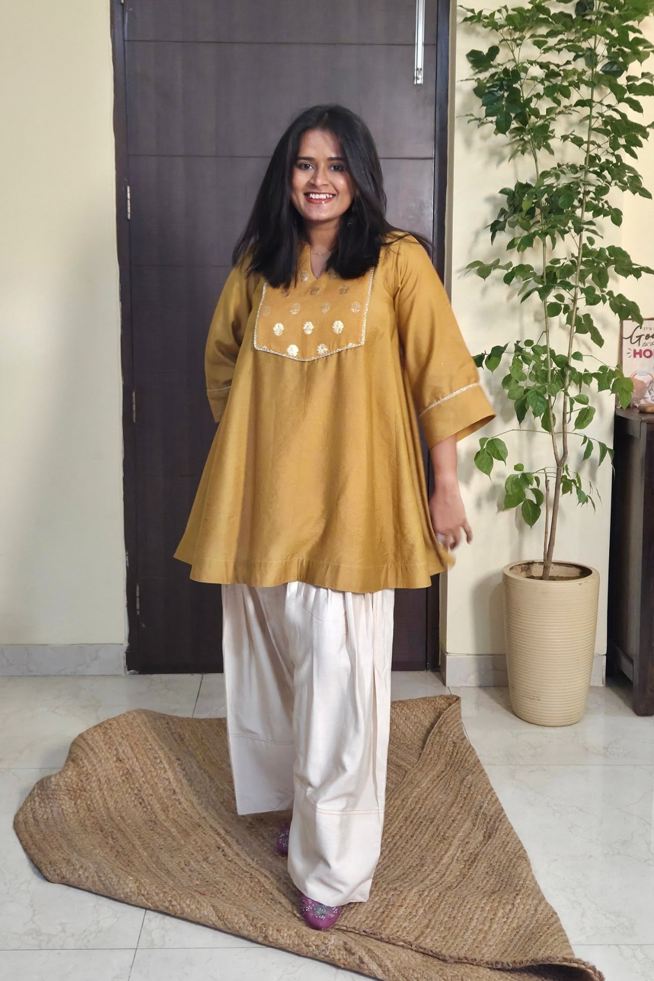 Vaidehi Ecru Mustard Chanderi Kali Kurta Farsi Salwar Set