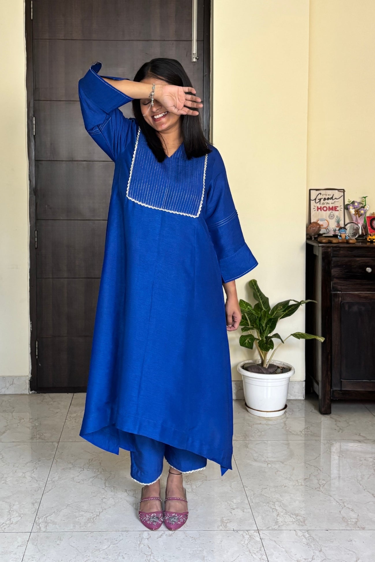 Aradhya Bright Blue Pintuck Dola Silk Kurta Set