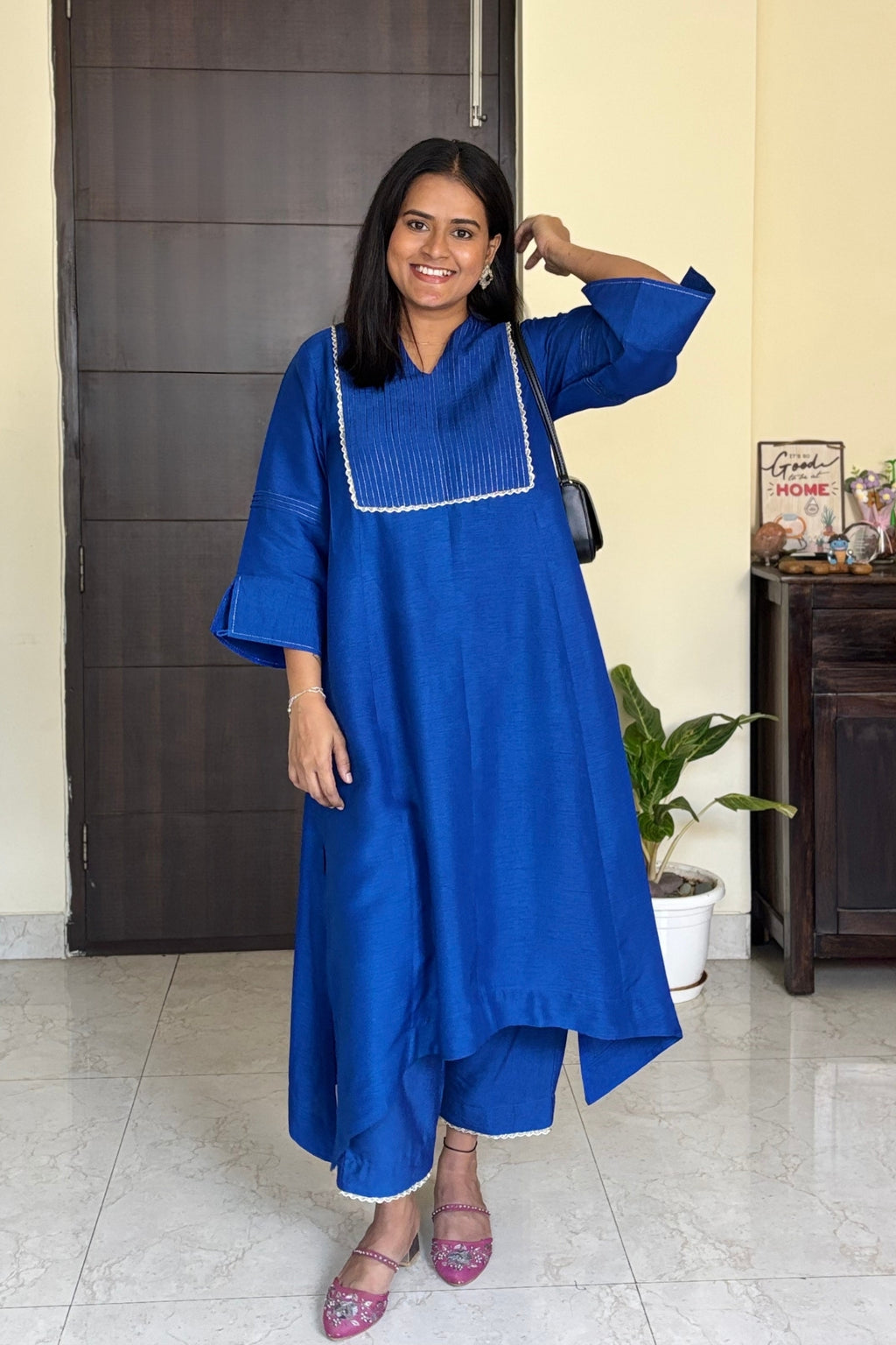 Aradhya Bright Blue Pintuck Dola Silk Kurta Set