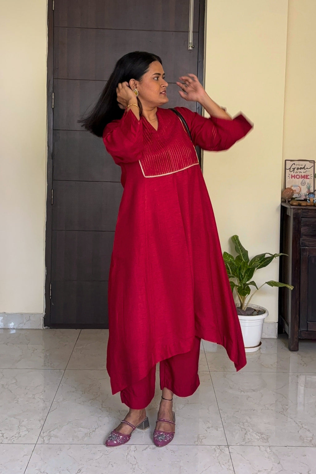 Urmi Red Pintuck Dola Silk Kurta Set