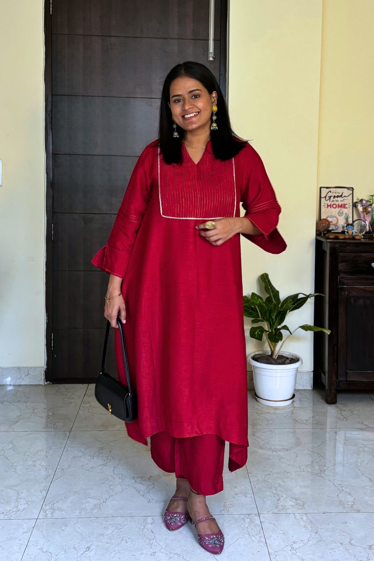Urmi Red Pintuck Dola Silk Kurta Set