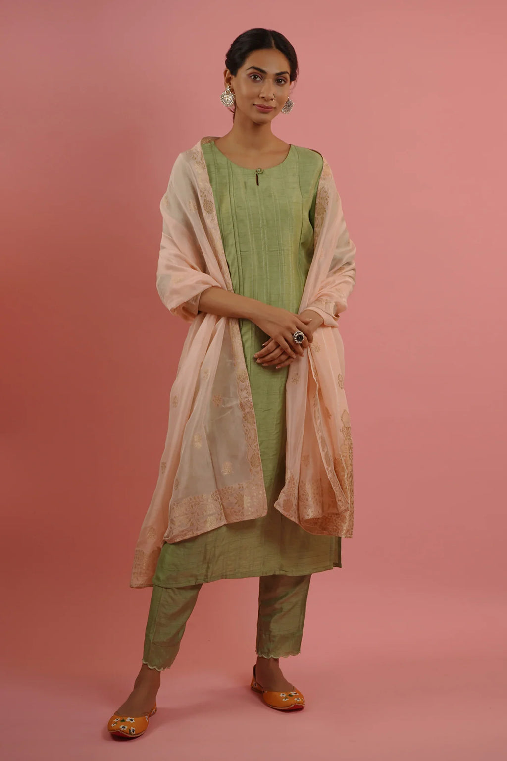 Mahruk Green & Baby Pink Silk Kurta Set