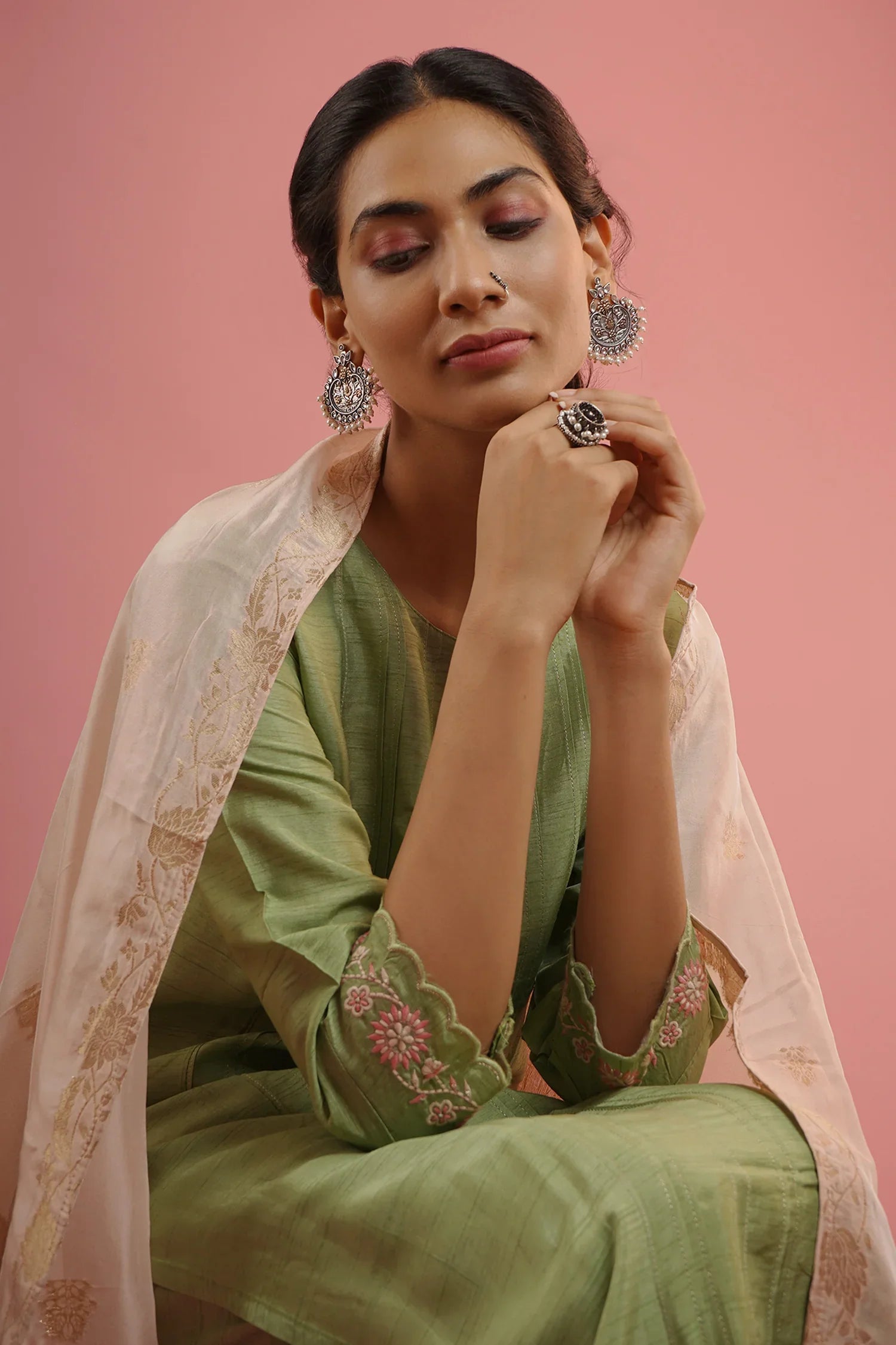 Mahruk Green & Baby Pink Silk Kurta Set