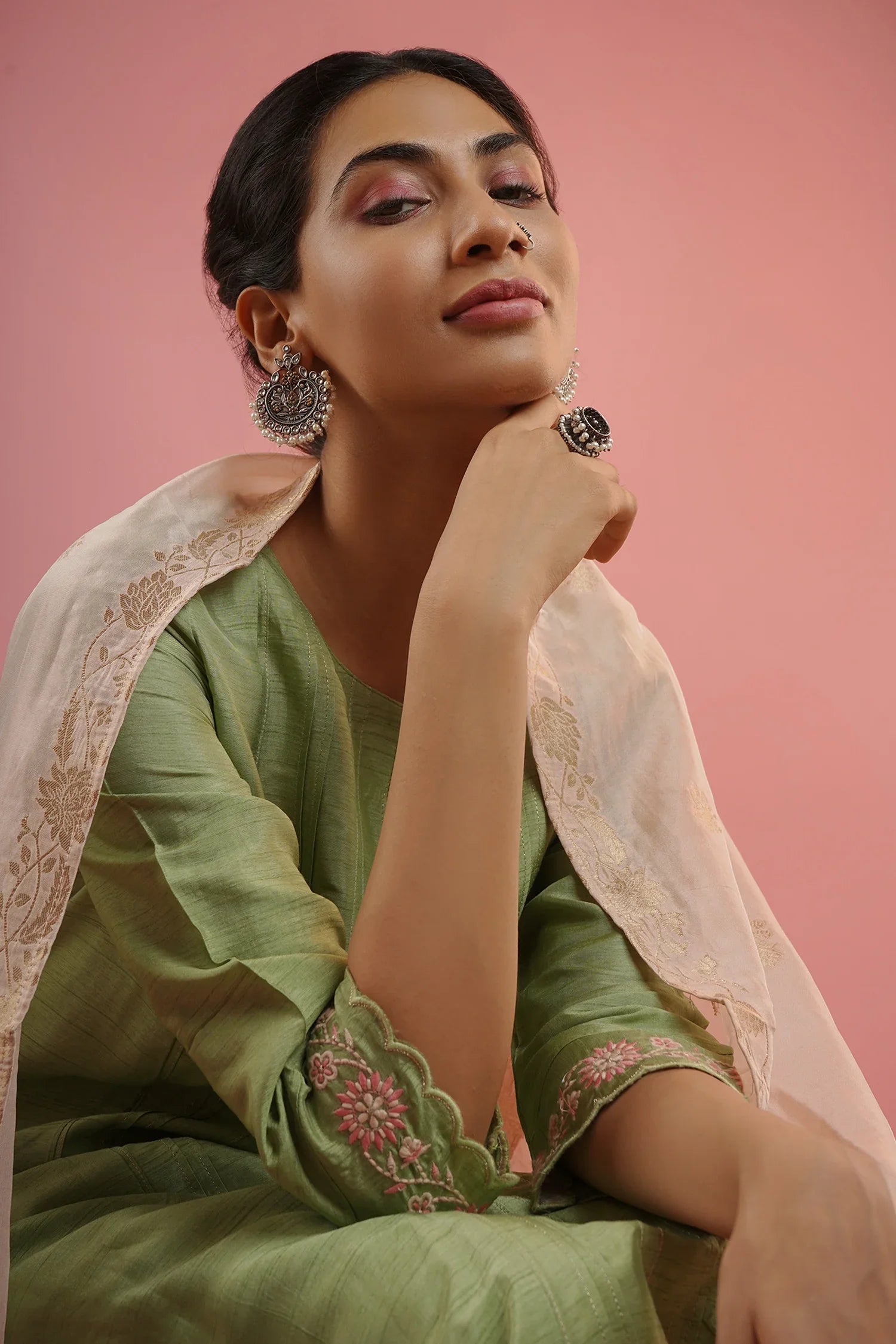 Mahruk Green & Baby Pink Silk Kurta Set