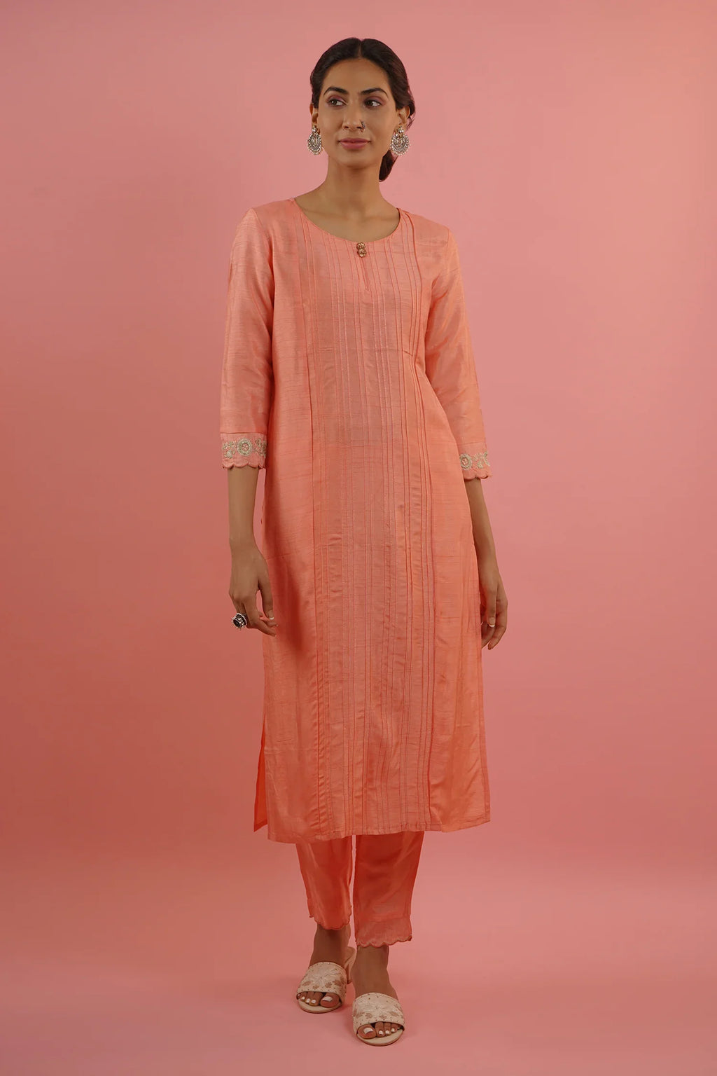 Mahruk Peach & Beige Silk Kurta Set