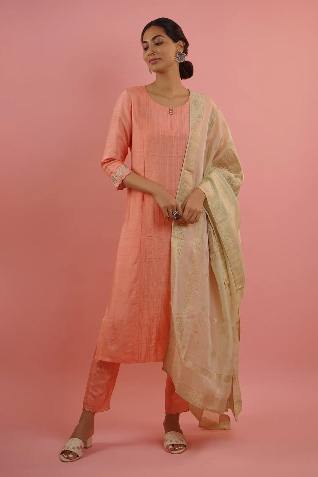 Mahruk Peach & Beige Silk Kurta Set
