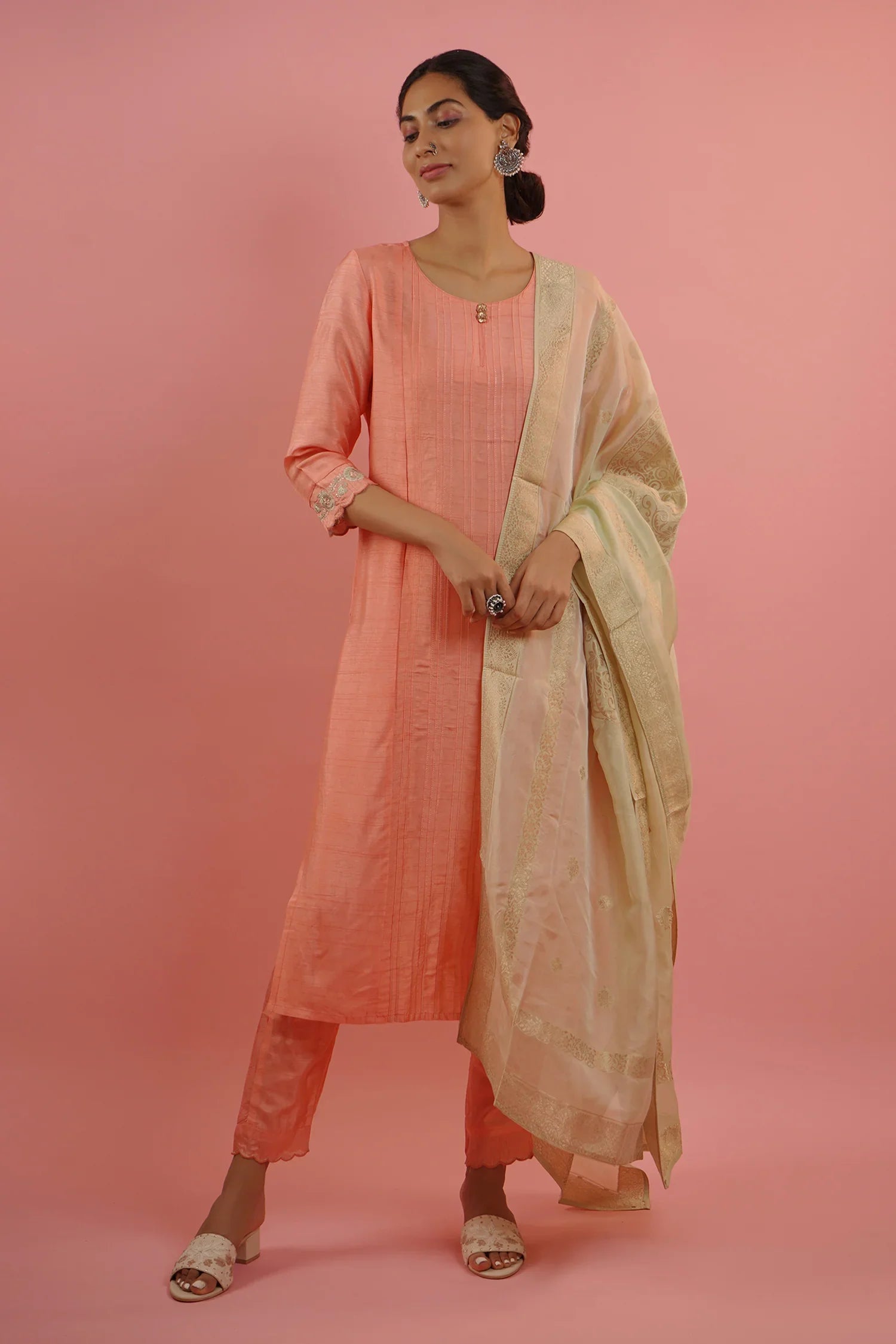 Mahruk Peach & Beige Silk Kurta Set