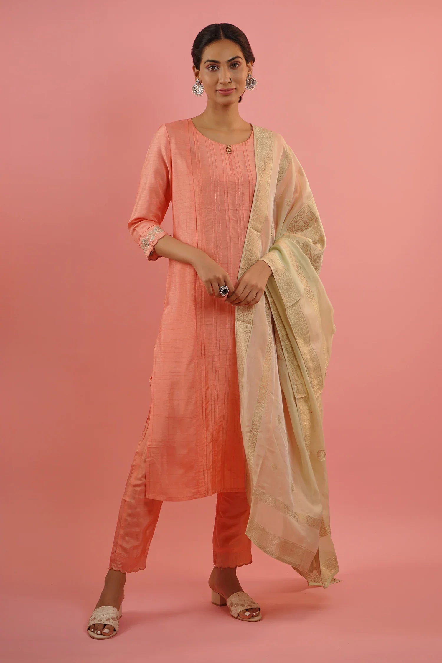 Mahruk Peach & Beige Silk Kurta Set