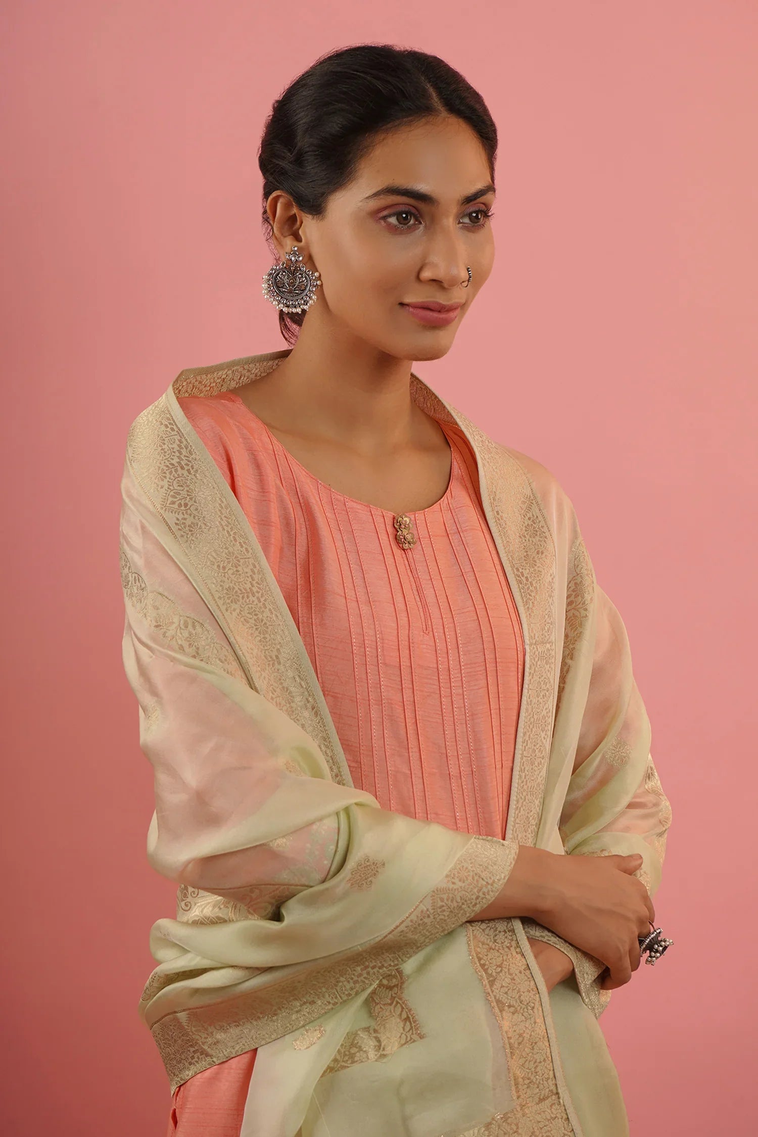 Mahruk Peach & Beige Silk Kurta Set