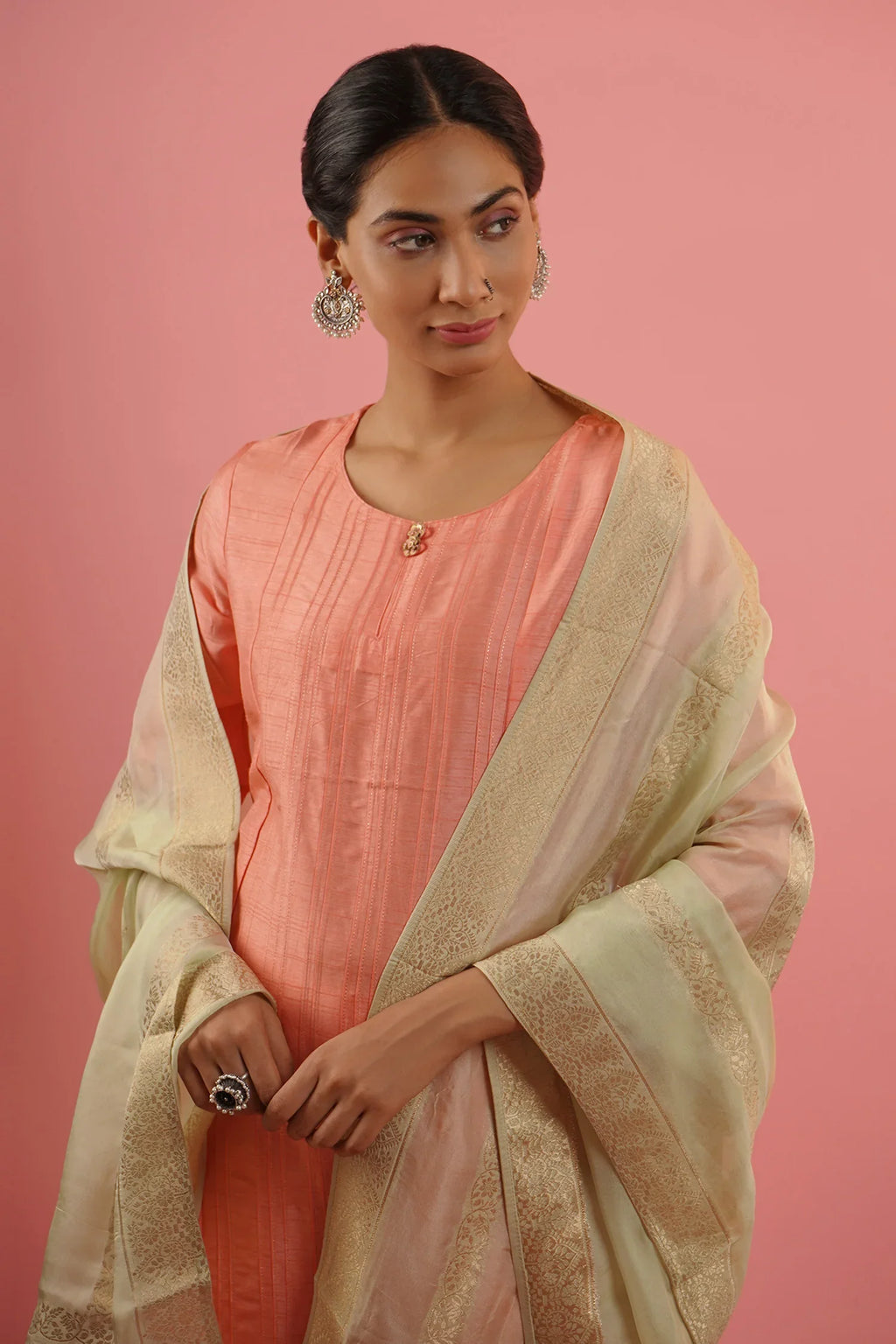 Mahruk Peach & Beige Silk Kurta Set