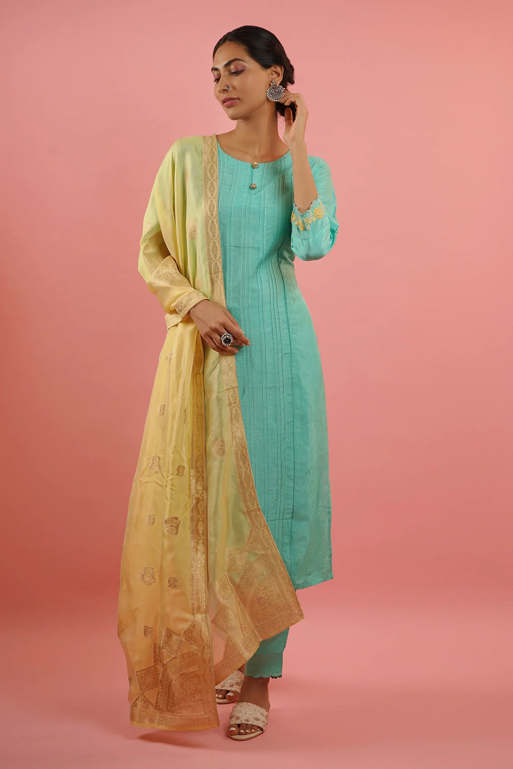 Mahruk Ocean Blue & Yellow Silk Kurta Set