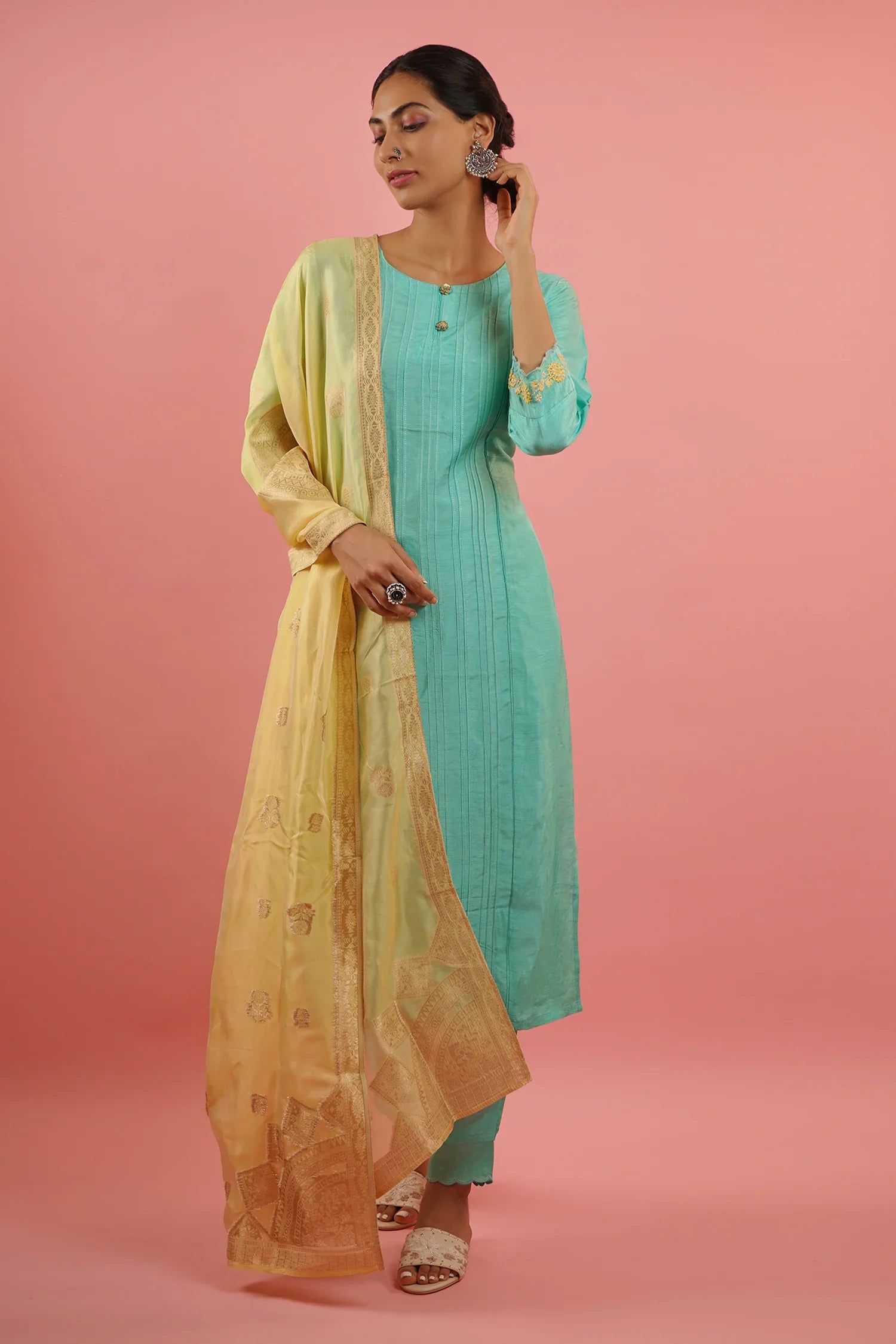 Mahruk Ocean Blue & Yellow Silk Kurta Set