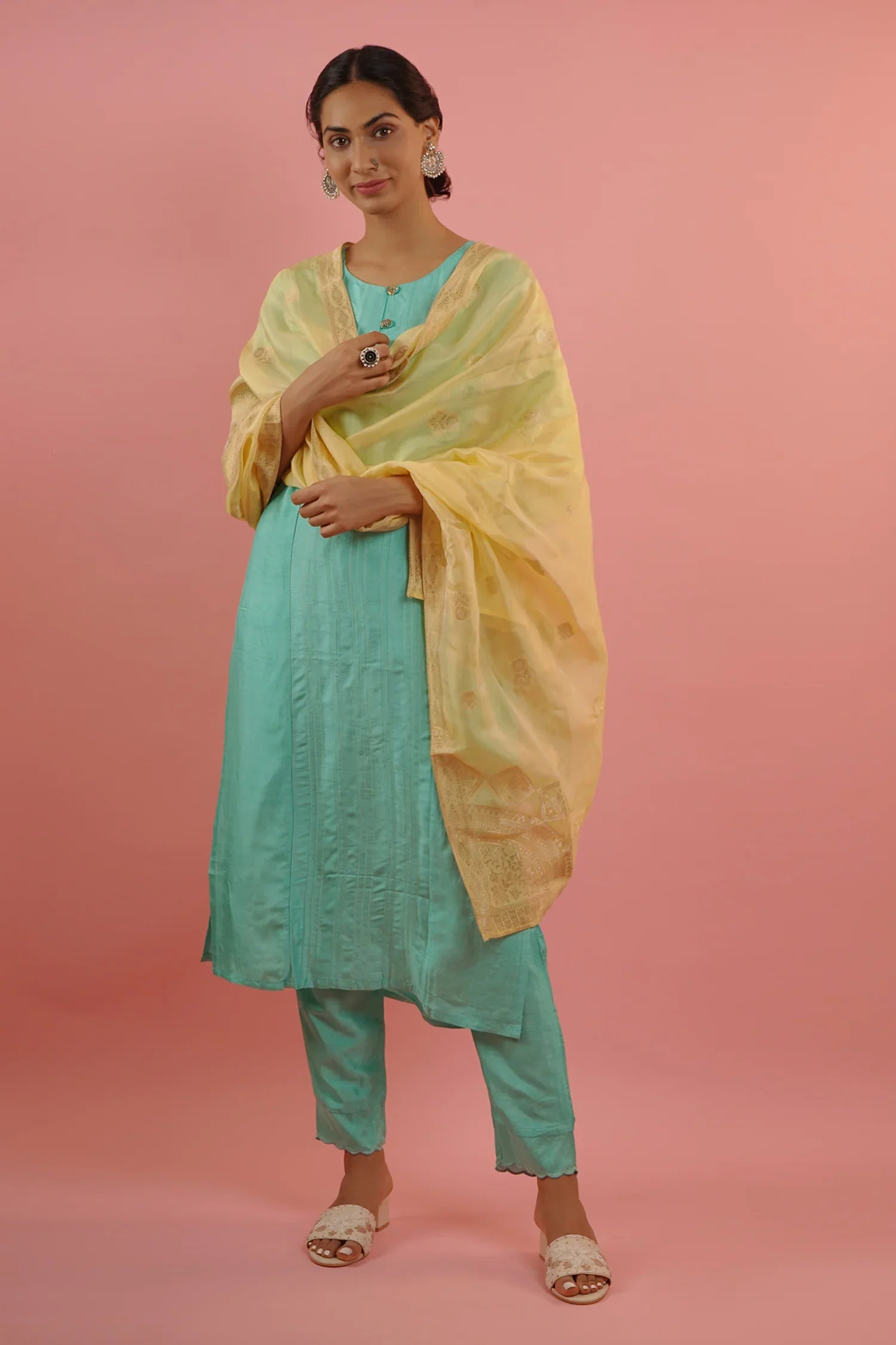 Mahruk Ocean Blue & Yellow Silk Kurta Set