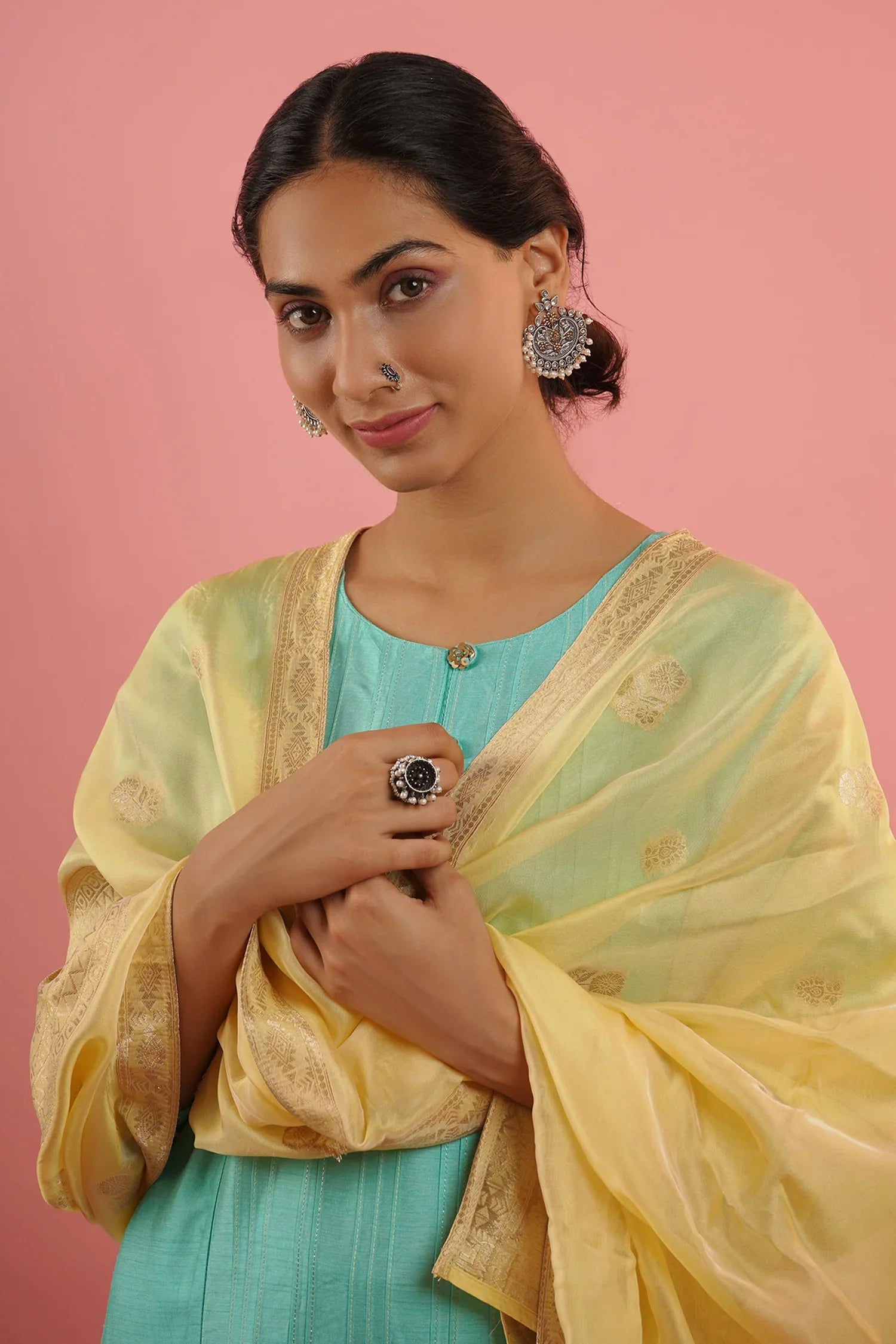 Mahruk Ocean Blue & Yellow Silk Kurta Set